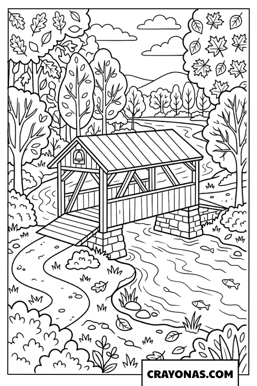 Covered Bridge in Autumn Forest Fall Coloring Page