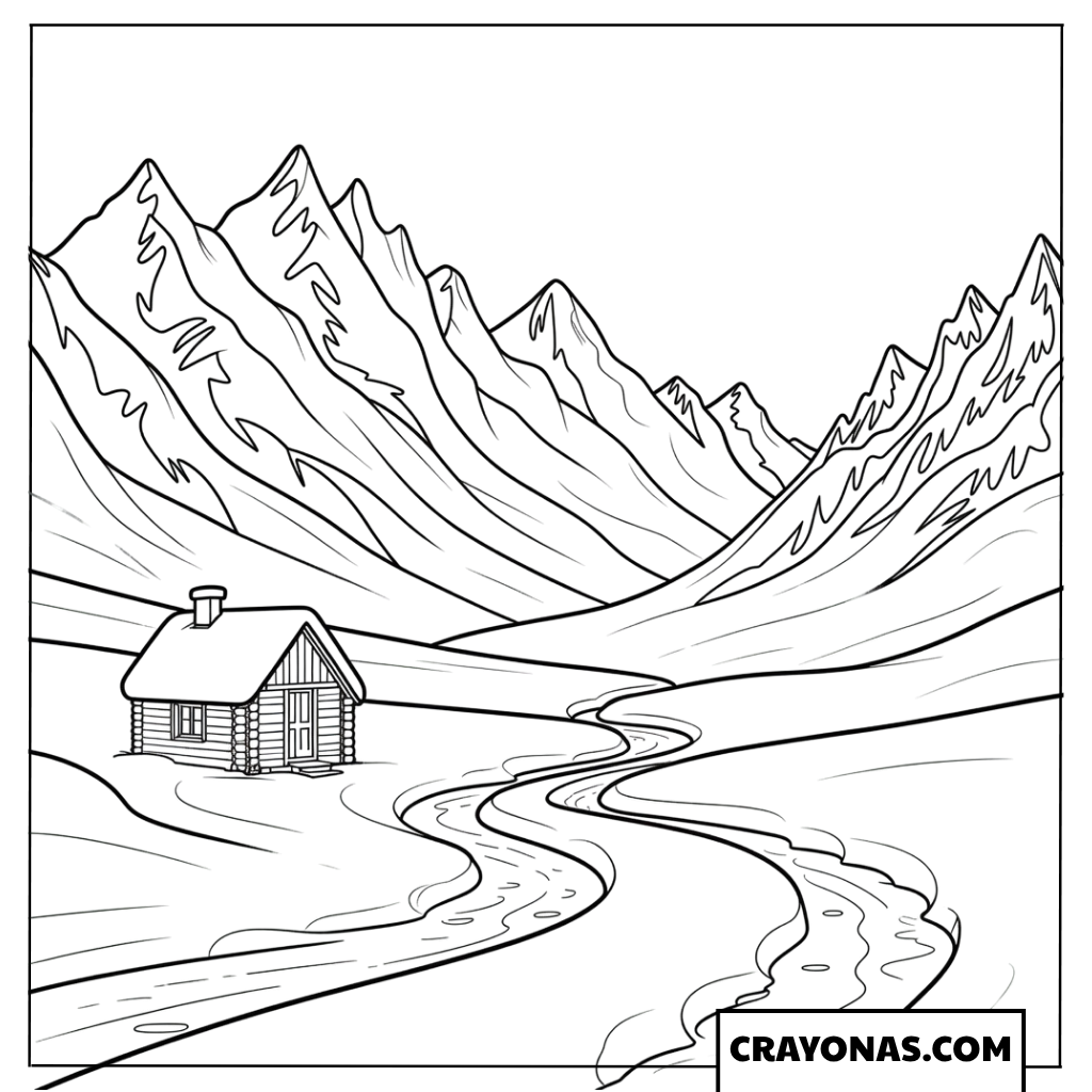 Cozy Cabin in Mountain Valley Coloring Page