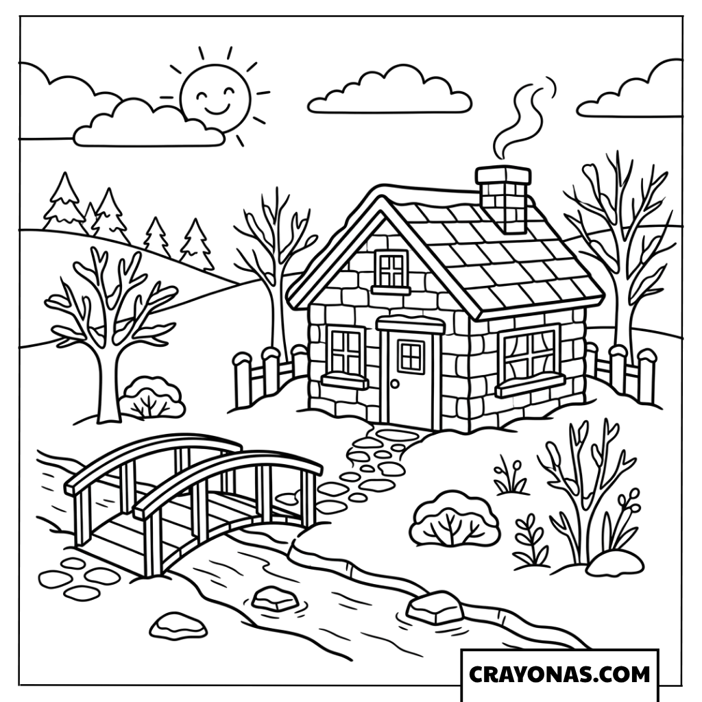 Cozy Cabin with Bridge and Stream Coloring Page