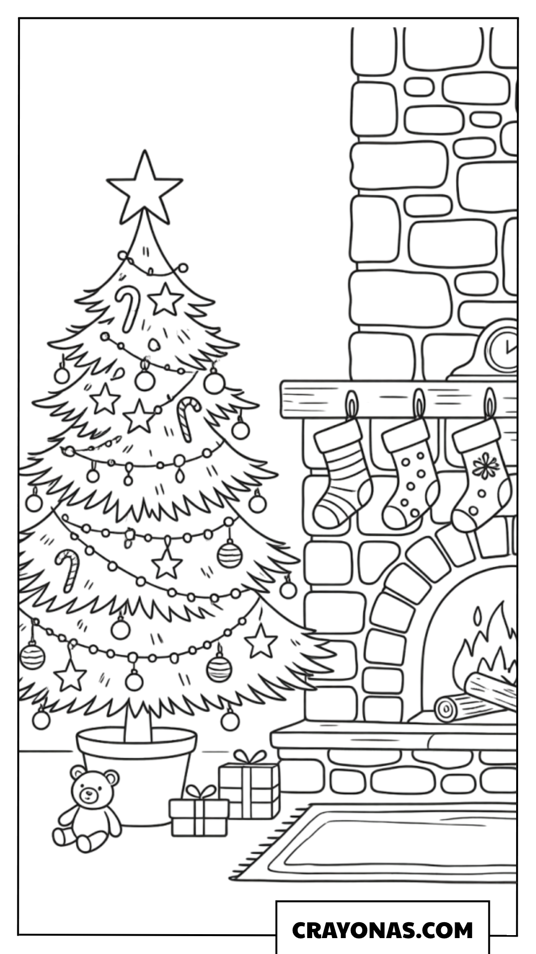 Cozy Christmas Tree by Fireplace Coloring Page