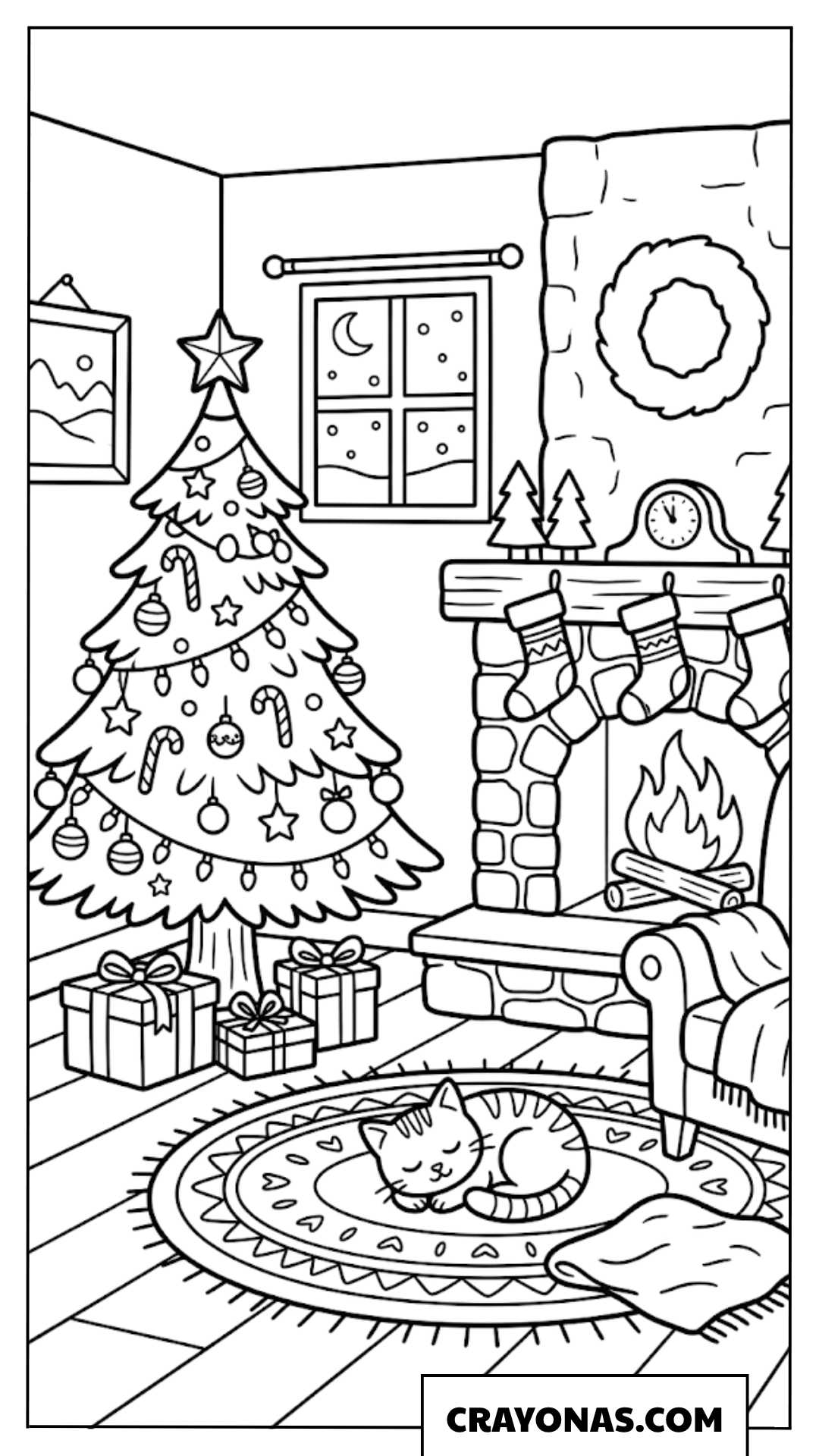Cozy Christmas Tree with Cat Coloring Page