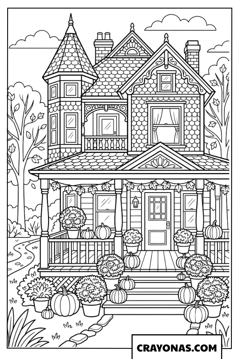 Cozy Fall House with Porch and Pumpkins Coloring Page