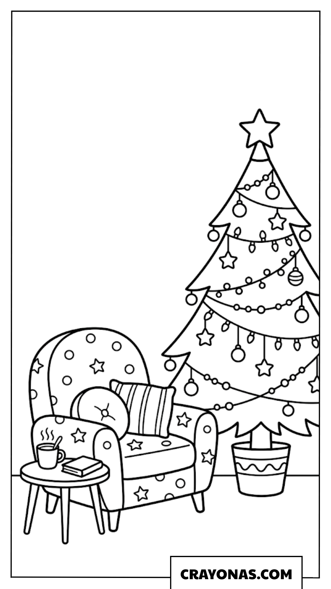 Cozy Living Room Christmas Tree Coloring Page
