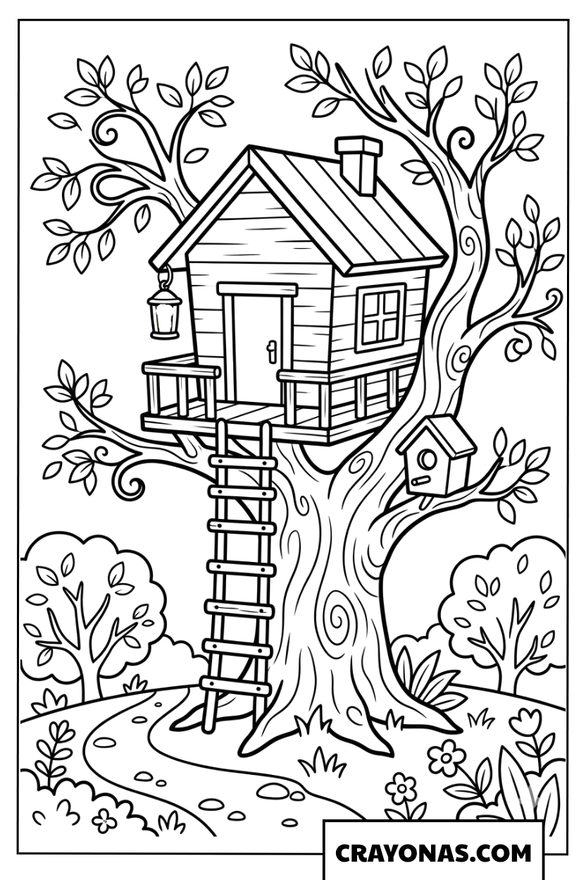 Cozy Treehouse with Ladder Coloring Page