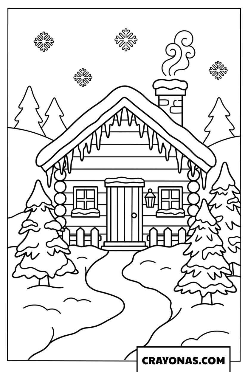 Cozy Winter Cabin Coloring Page