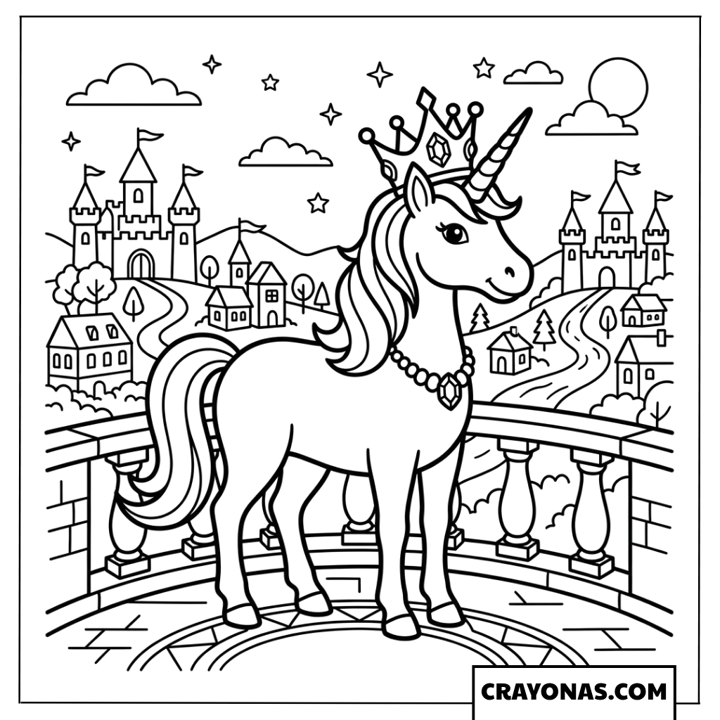 Crowned Unicorn Castle Coloring Page
