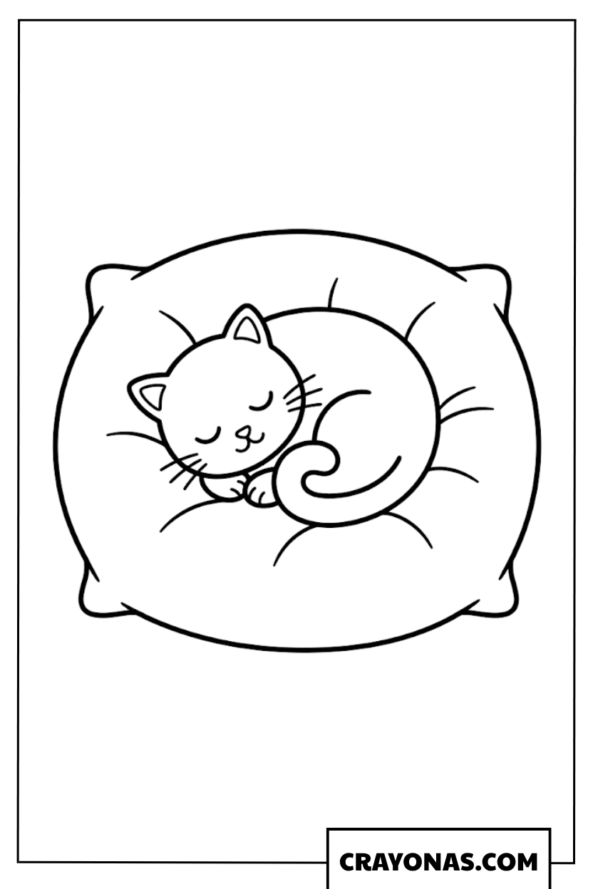 Curled Up Kitten on Pillow Coloring Page