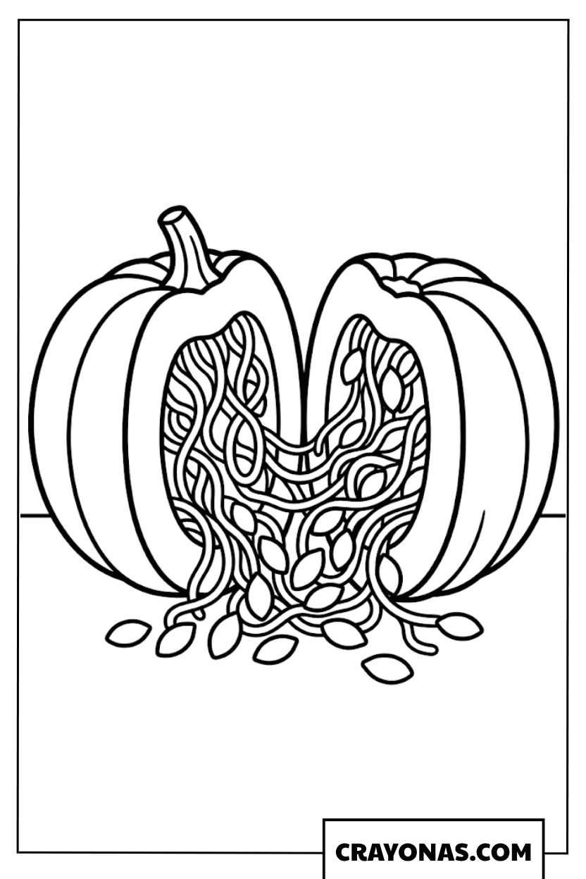 Cut Open Rotting Pumpkin with Seeds Coloring Page