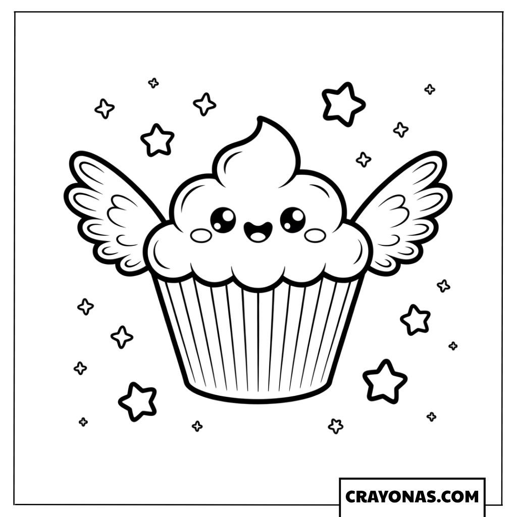 Cute Angel Kawaii Cupcake Coloring Page
