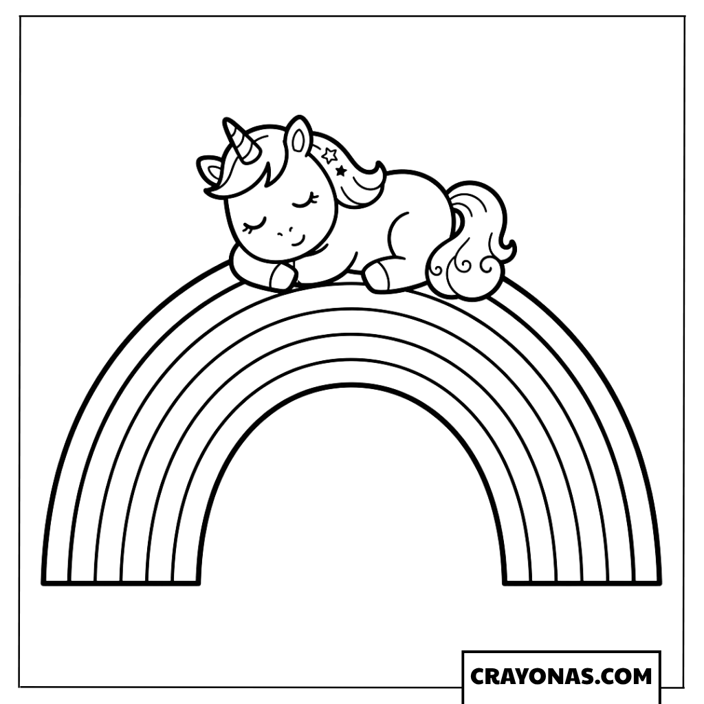 Cute Baby Unicorn Resting on Rainbow Coloring Page