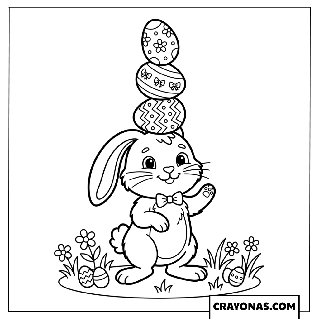 Cute Bunny Balancing Easter Eggs Coloring Page