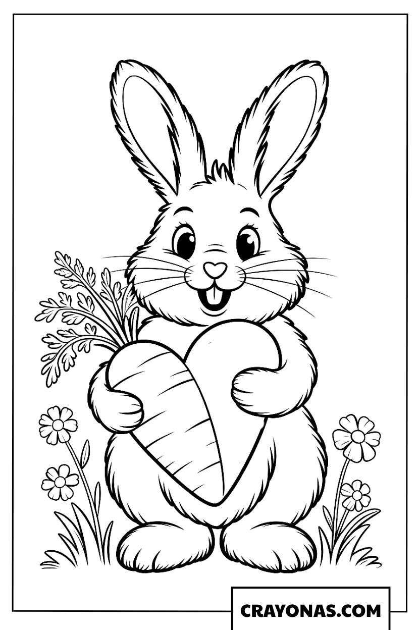 Cute Bunny Holding Heart Carrot Coloring Page