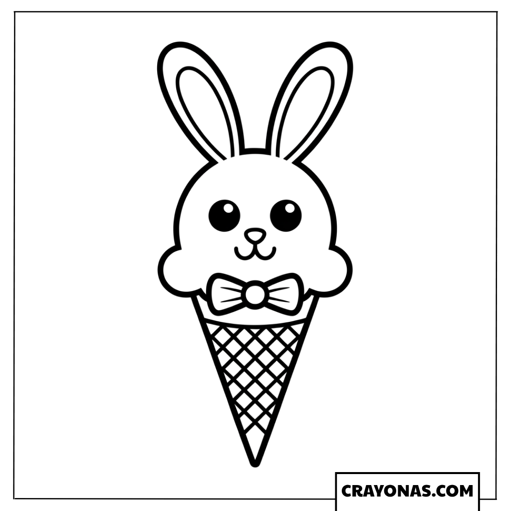 Cute Bunny Ice Cream Cone with Bow Tie Coloring Page