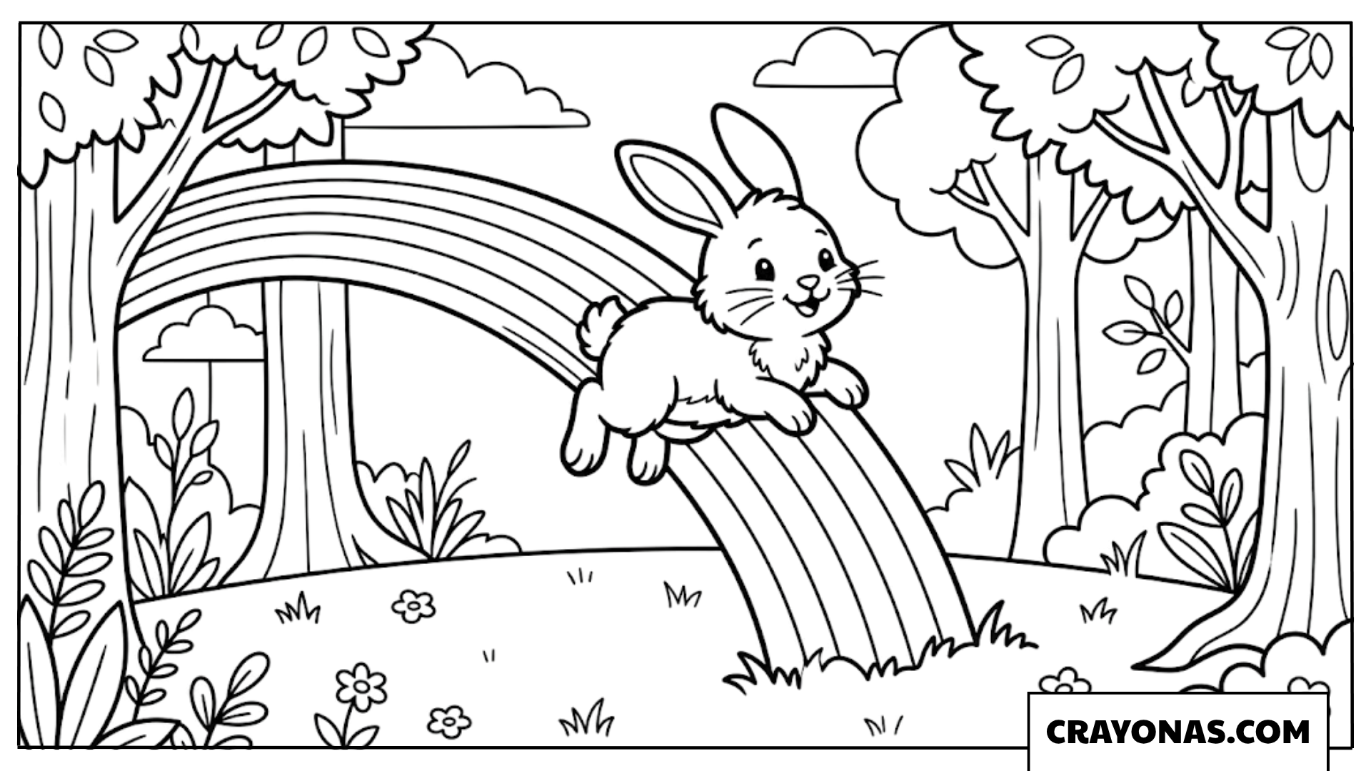 Cute Bunny Jumping Rainbow Coloring Page