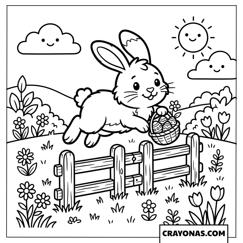 Cute Bunny Jumping with Easter Basket Coloring Page