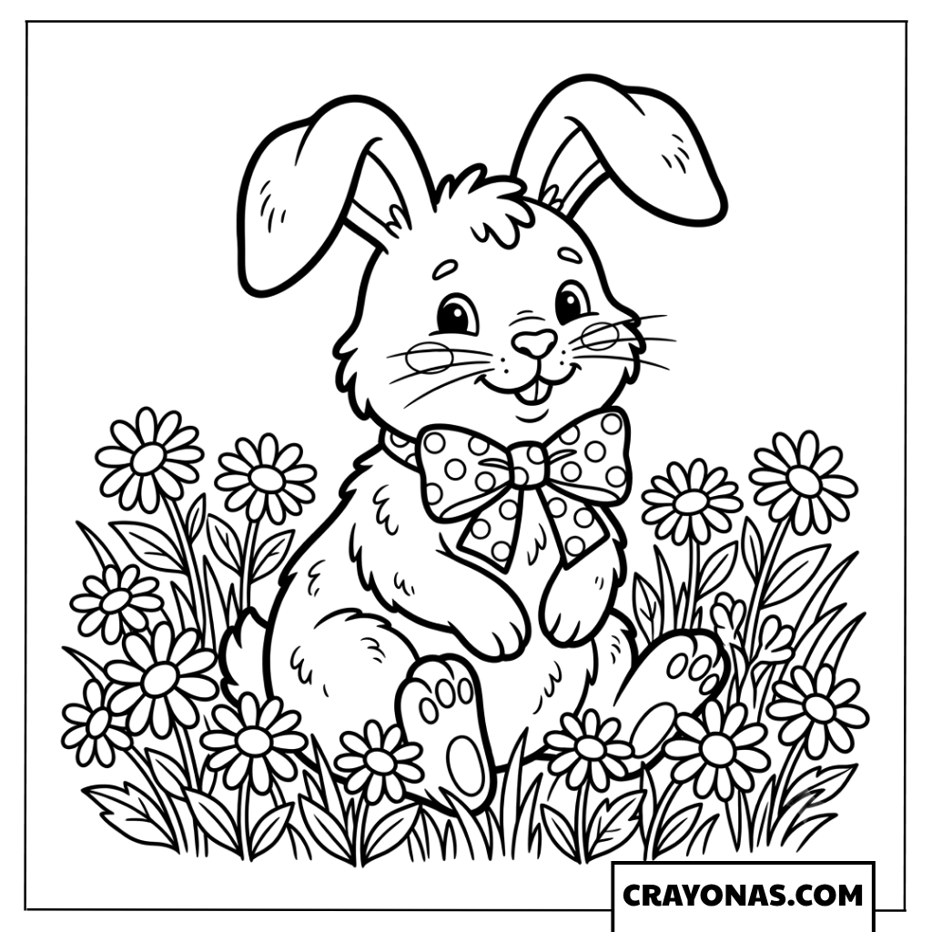Cute Bunny with Bowtie in Flower Field Coloring Page