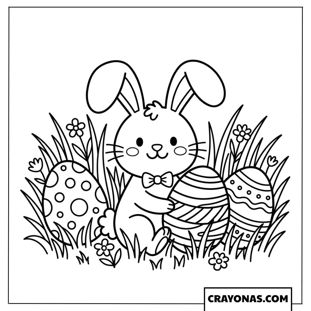 Cute Bunny with Easter Eggs in Garden Coloring Page
