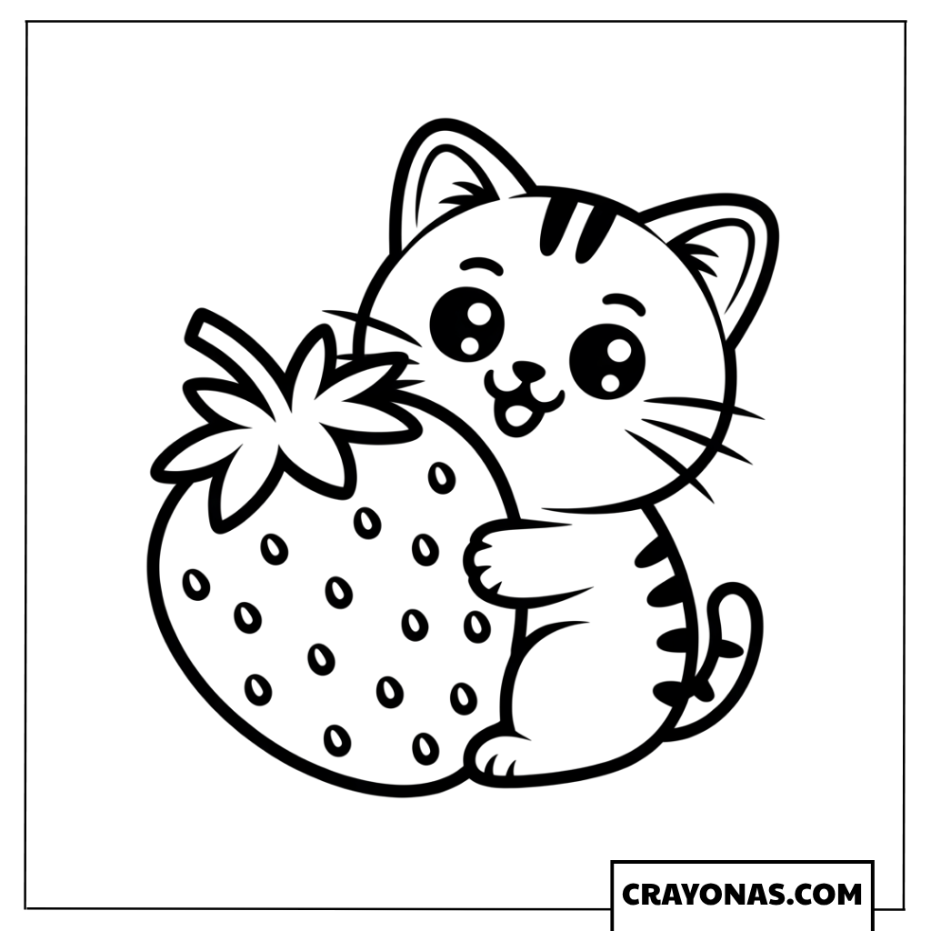 Cute Cat Hugging Strawberry Coloring Page