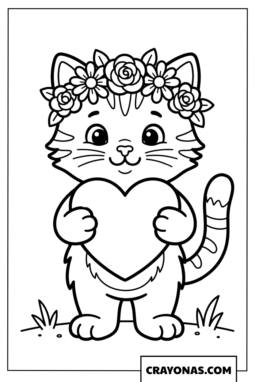 Cute Cat with Flower Crown Holding Heart Coloring Page