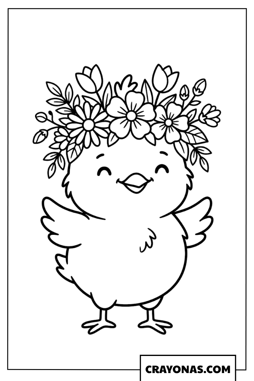 Cute Chick with Flower Crown Coloring Page