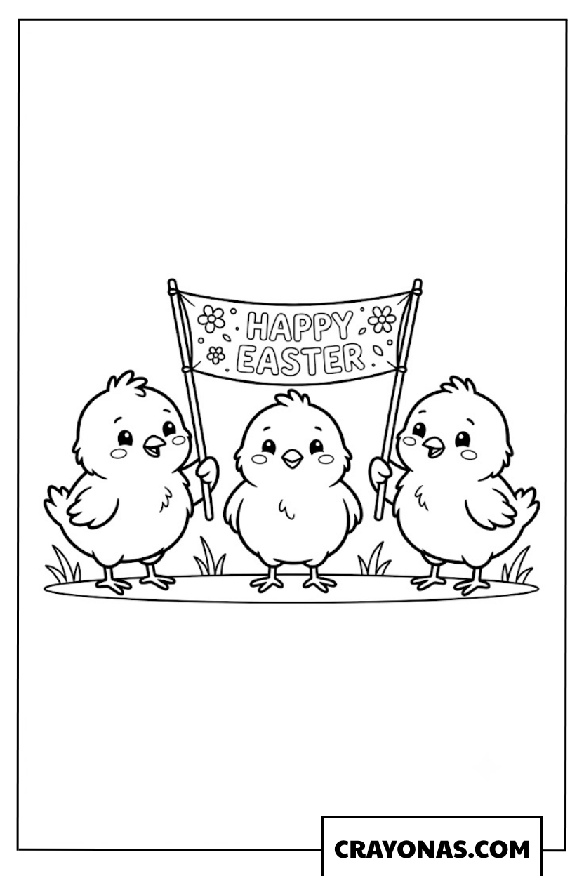 Cute Chicks with Happy Easter Banner Coloring Page