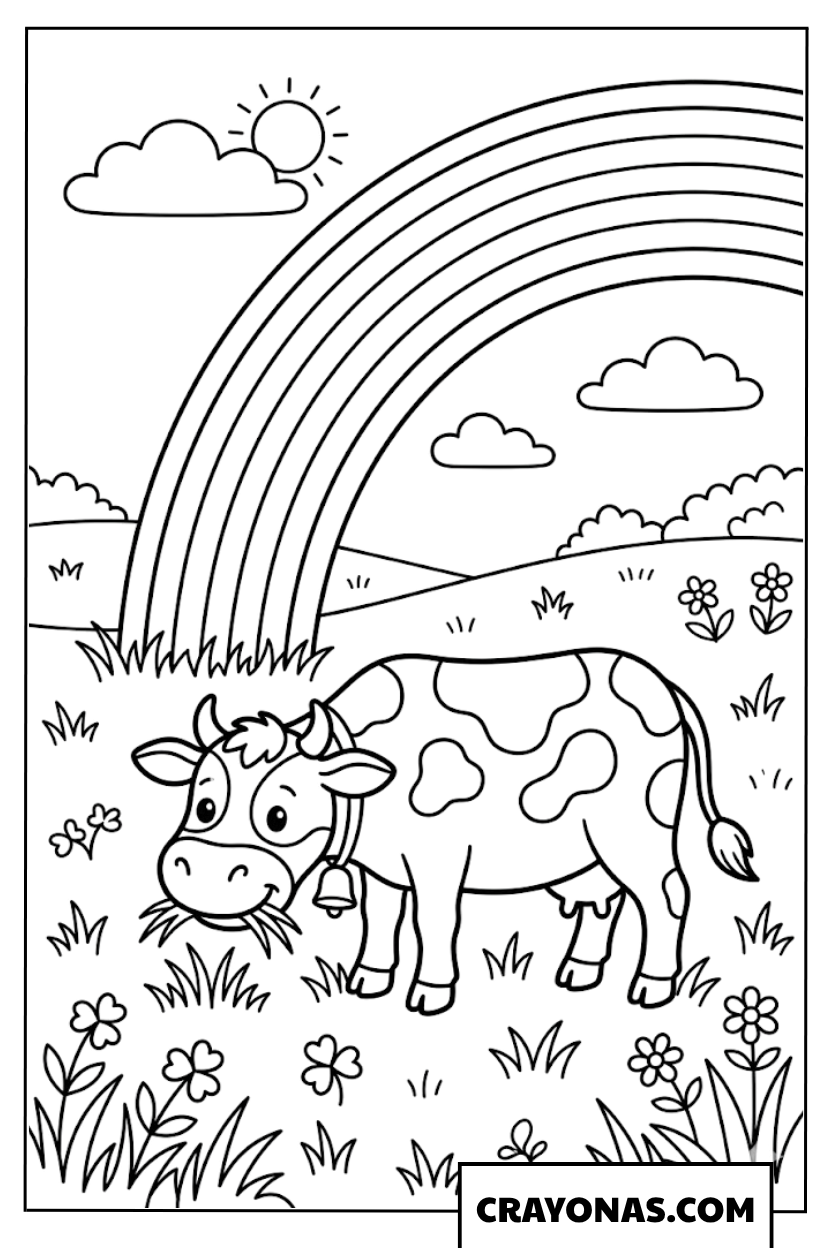 Cute Cow under Rainbow Coloring Page