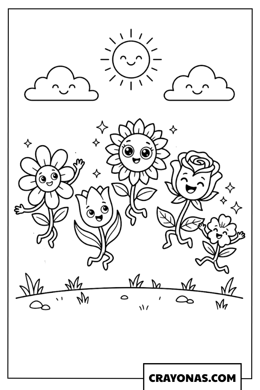 Cute Dancing Flowers Coloring Page