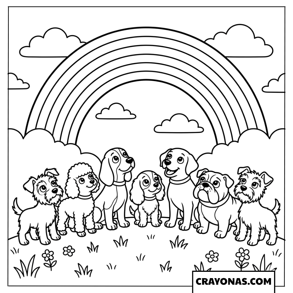 Cute Dogs Group under Rainbow Coloring Page