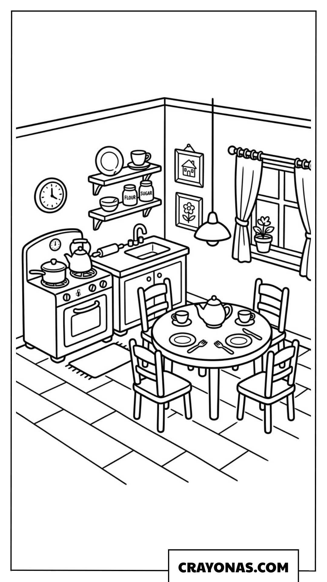 Cute Dollhouse Kitchen and Dining Room Coloring Page