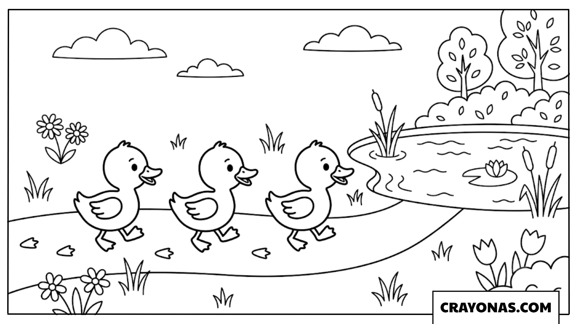 Cute Ducklings by the Pond Spring Coloring Page