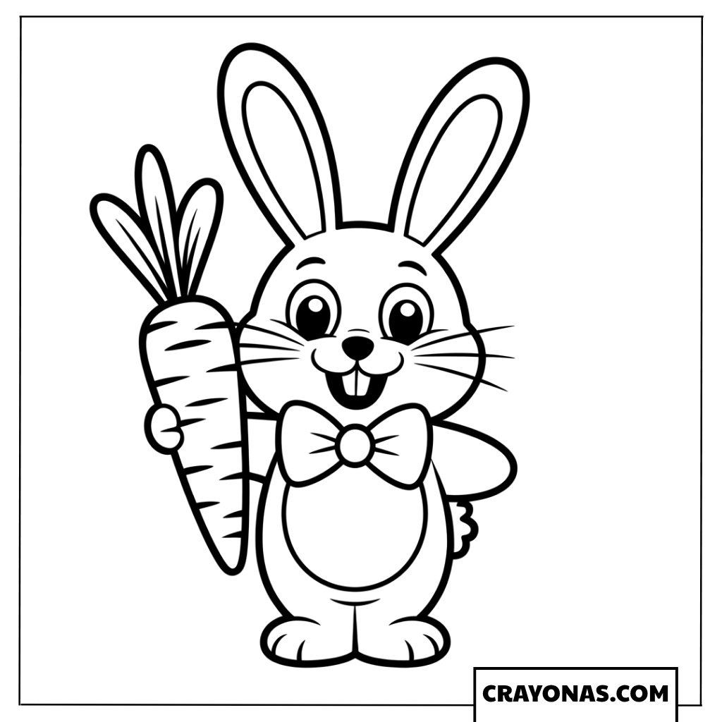 Cute Easter Bunny Holding Carrot with Bowtie Coloring Page