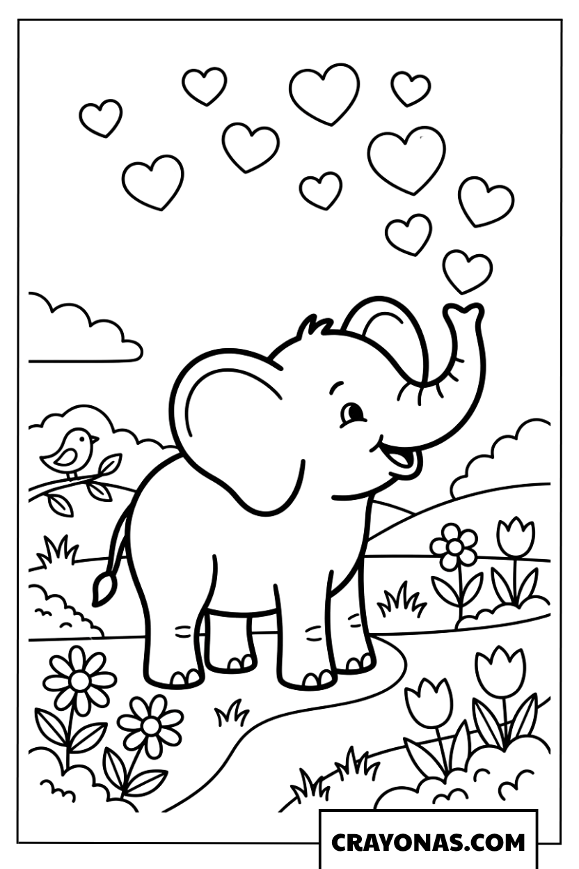 Cute Elephant with Hearts Coloring Page