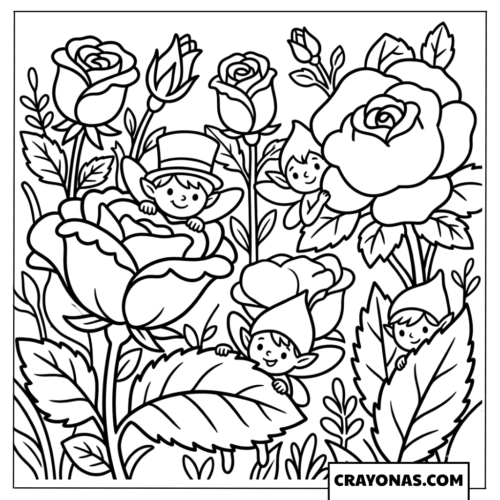 Cute Fairies in Rose Garden Coloring Page