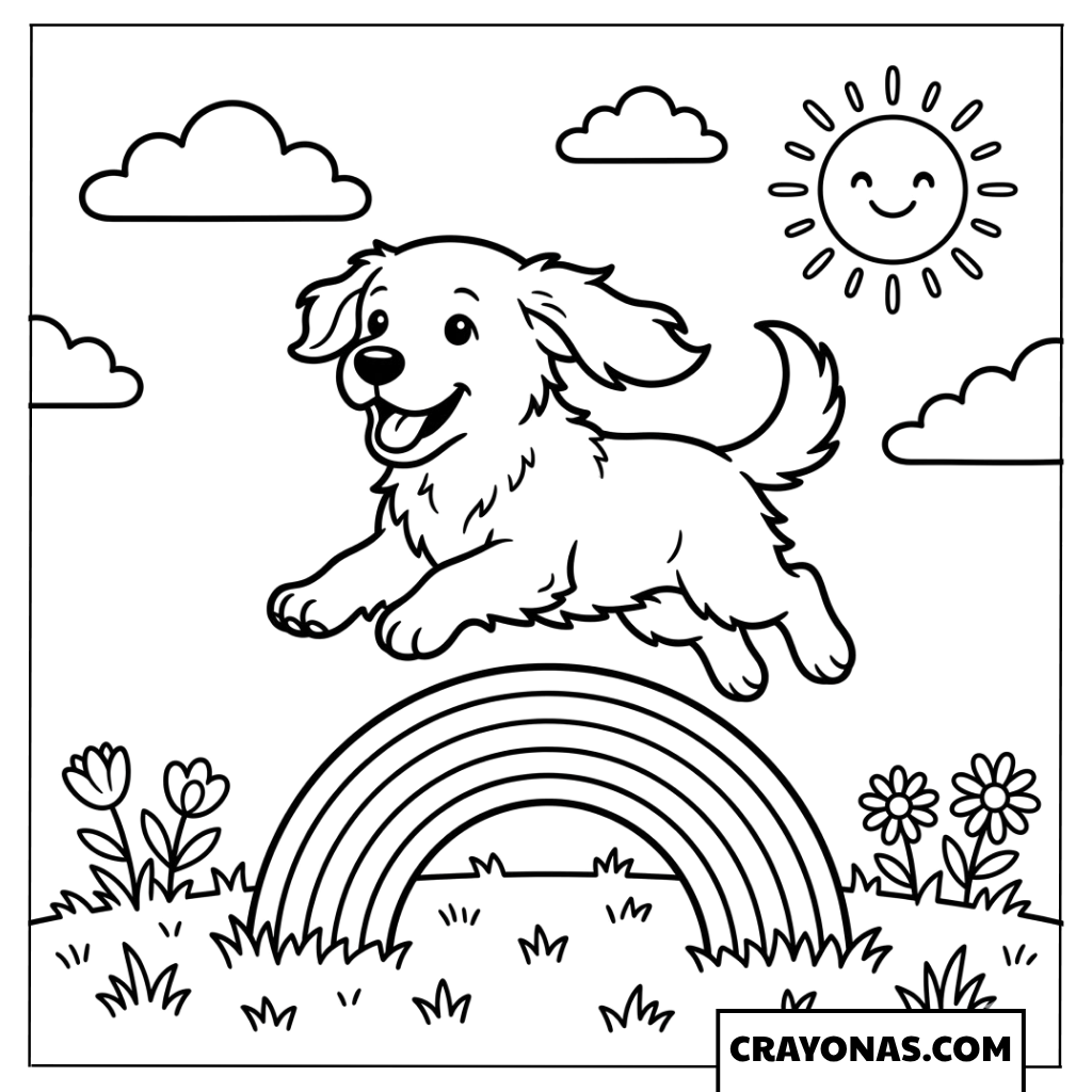 Cute Fluffy Dog Jumping Rainbow Coloring Page