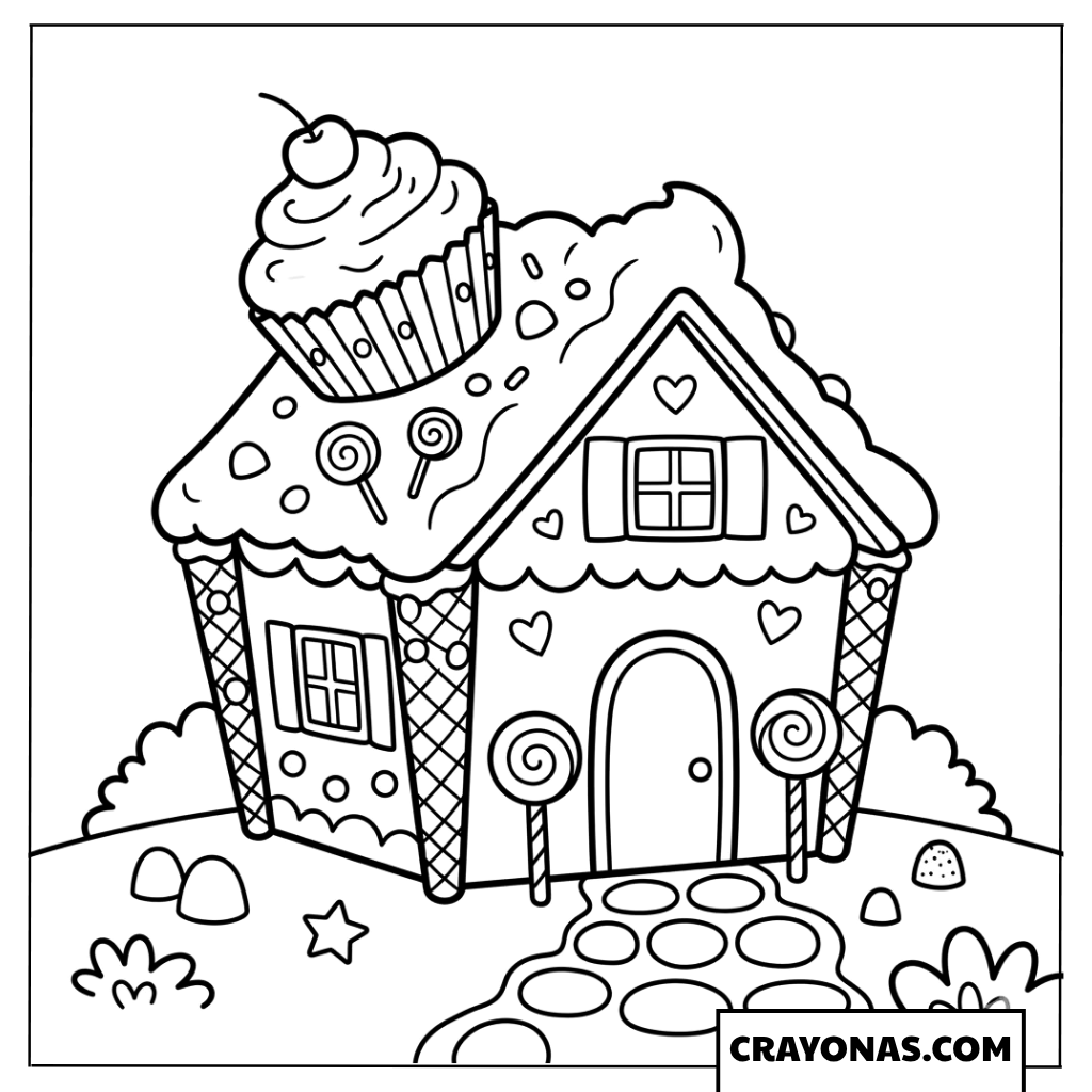 Cute Gingerbread Cupcake House Coloring Page