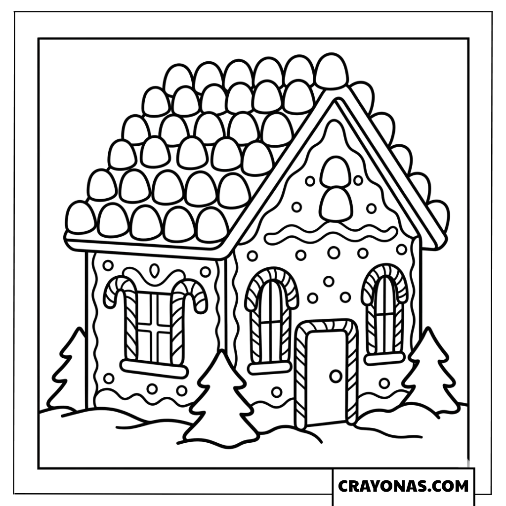 Cute Gingerbread House with Candy Roof Coloring Page