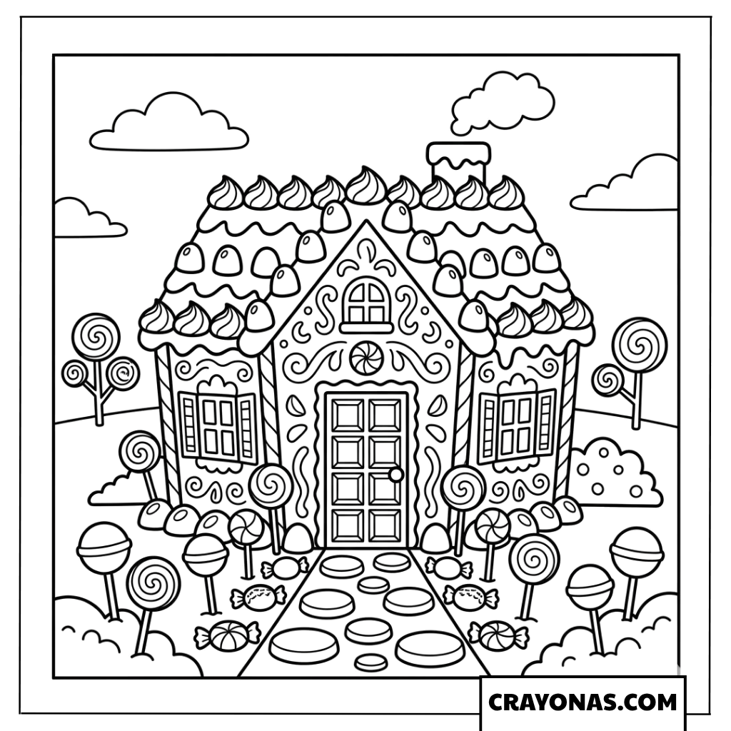 Cute Gingerbread House with Lollipops Coloring Page