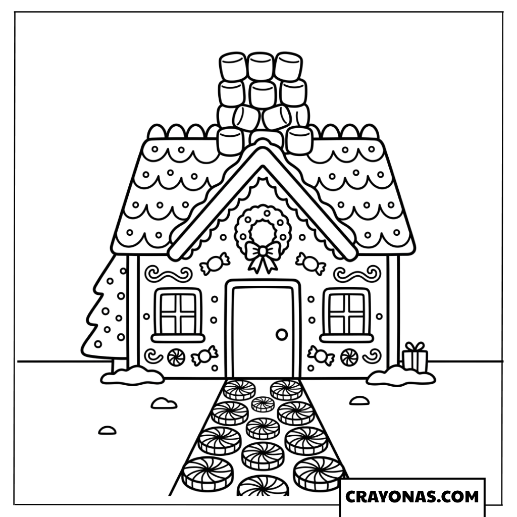 Cute Gingerbread House with Wreath Coloring Page