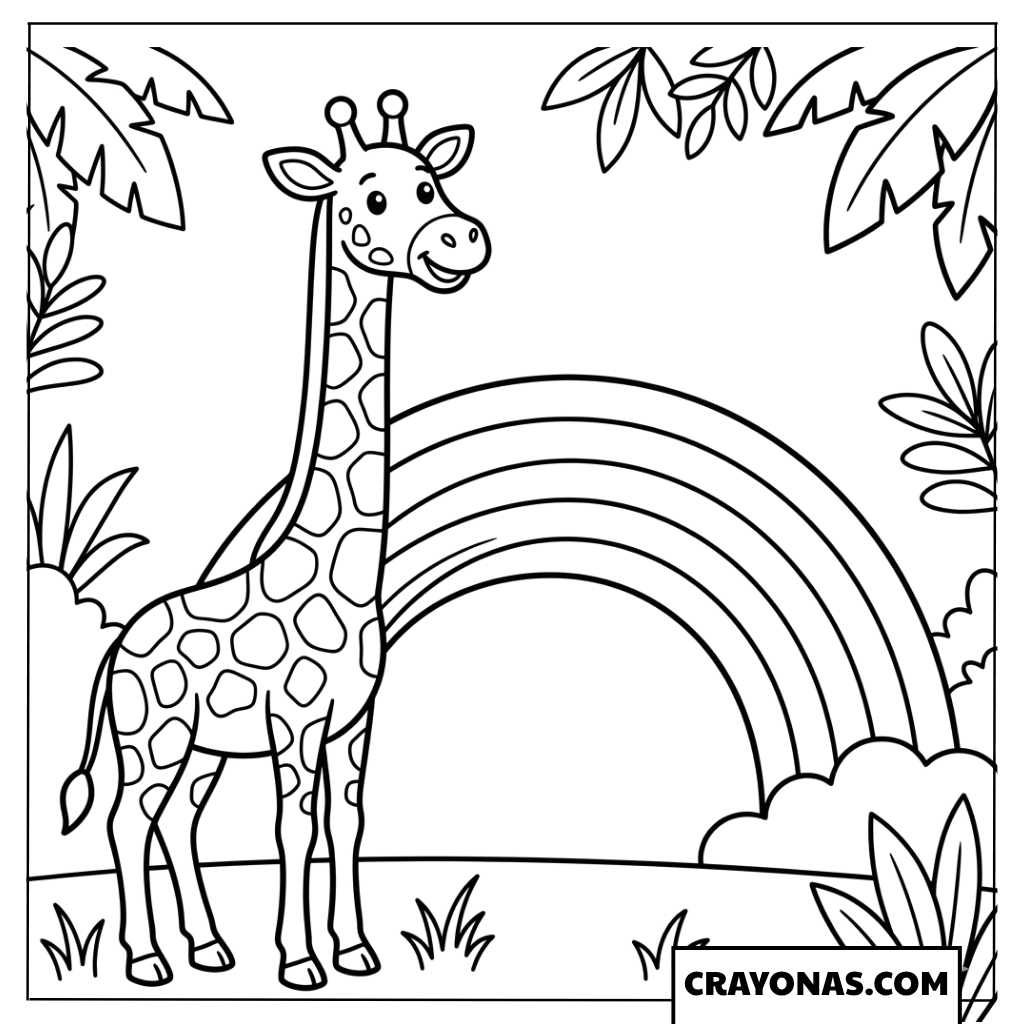 Cute Giraffe under Rainbow Coloring Page