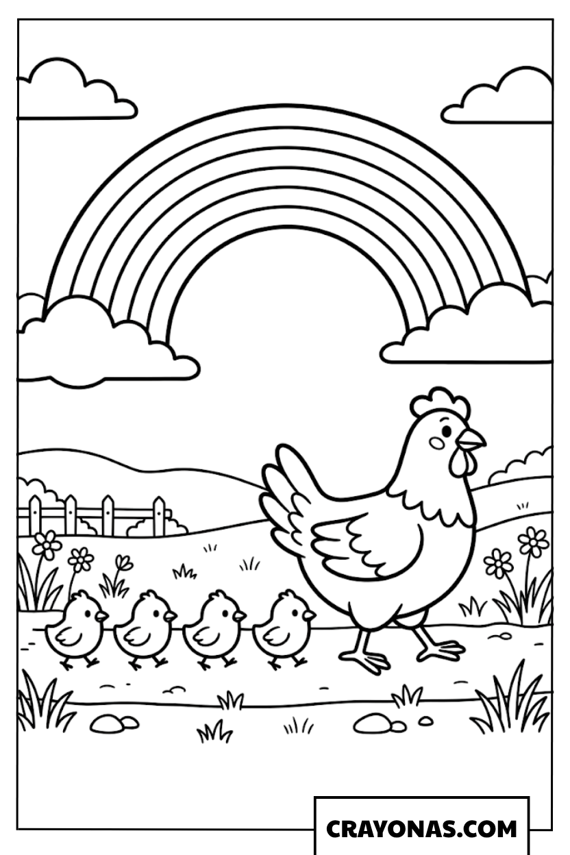 Cute Hen and Chicks under Rainbow Coloring Page