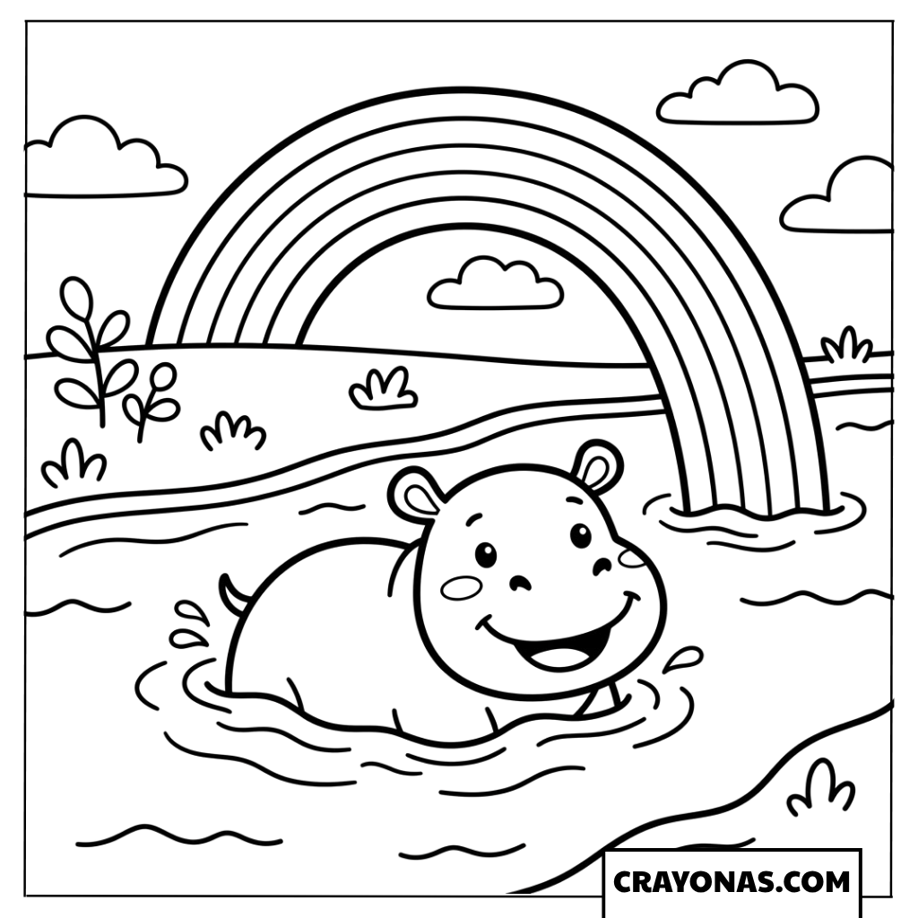 Cute Hippo under Rainbow Coloring Page