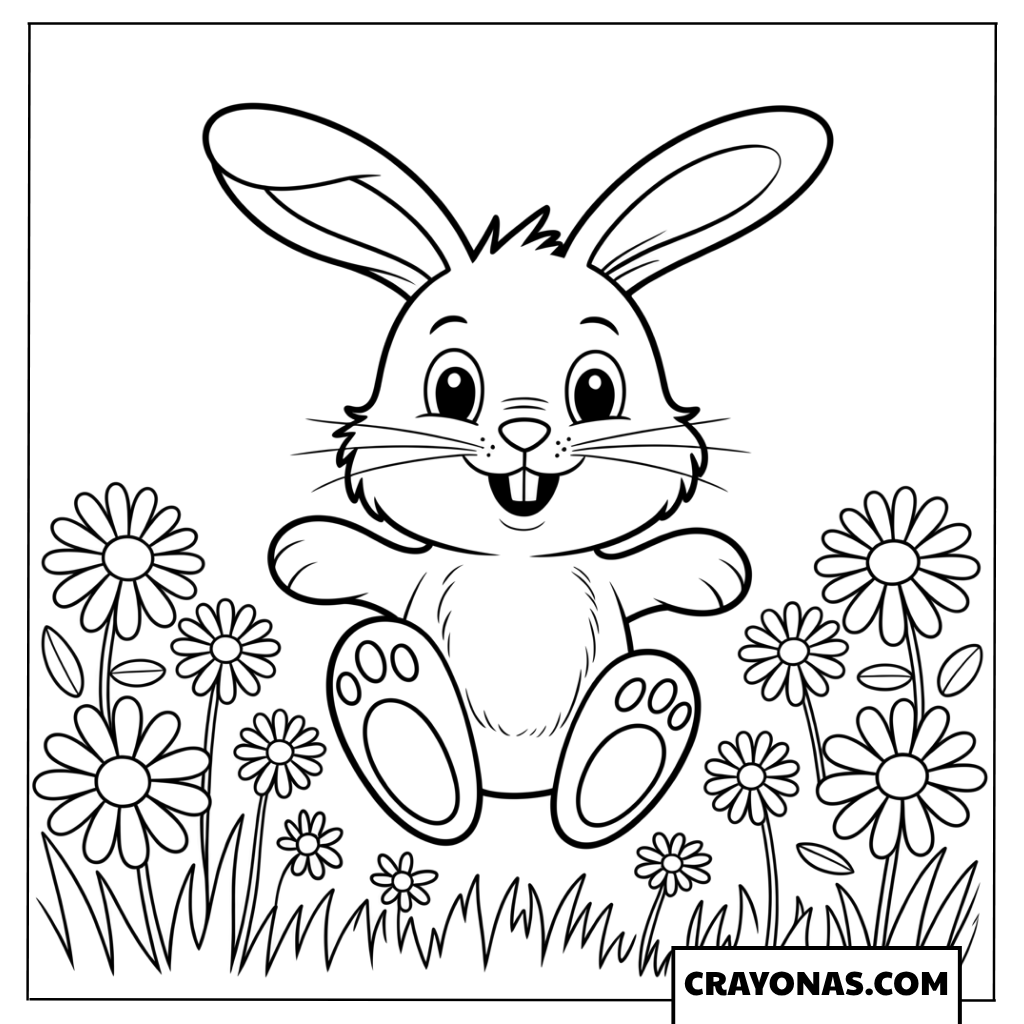 Cute Jumping Bunny in Flower Field Coloring Page