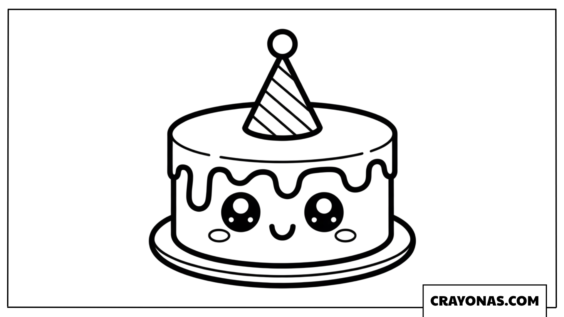 Cute Kawaii Birthday Cake with Party Hat Coloring Page
