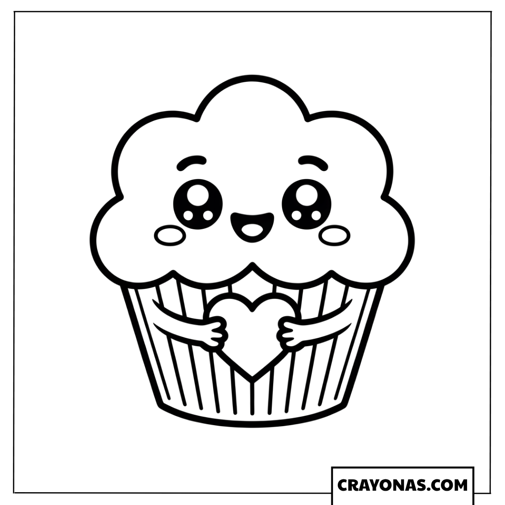 Cute Kawaii Cupcake with Heart Coloring Page
