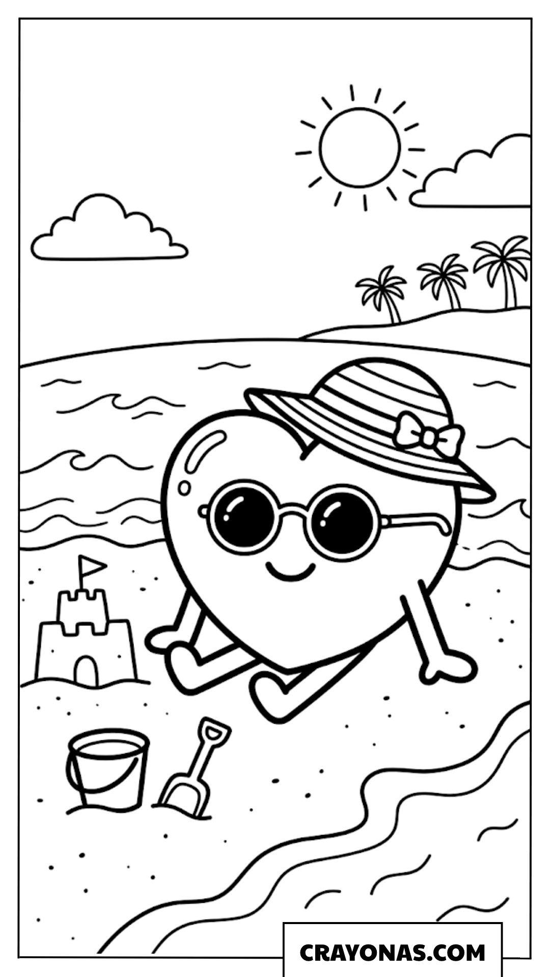 Cute Kawaii Heart at the Beach Coloring Page