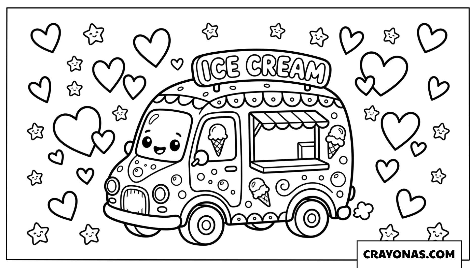 Cute Kawaii Ice Cream Truck with Hearts and Stars Coloring Page