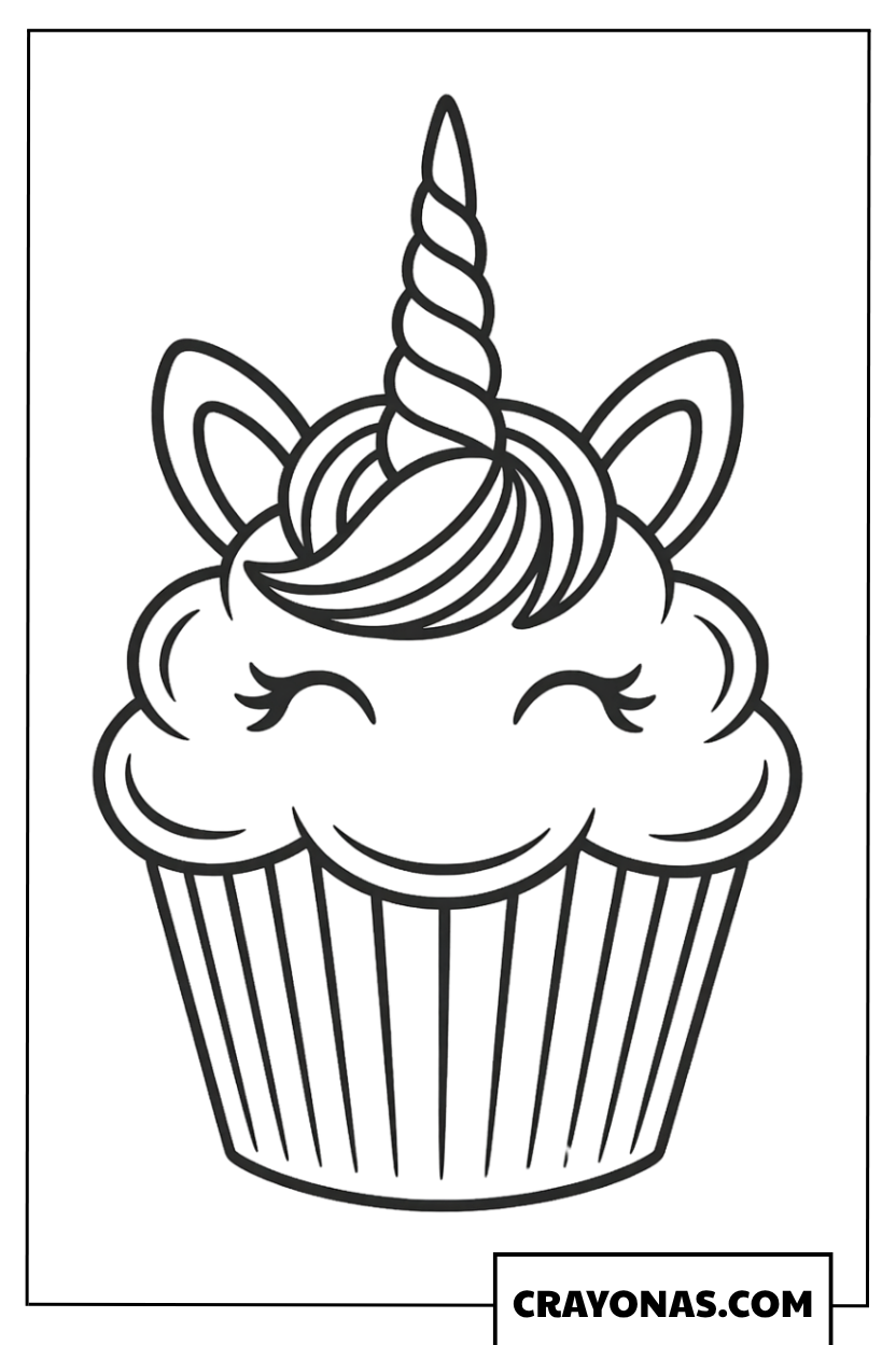 Cute Kawaii Unicorn Cupcake Coloring Page