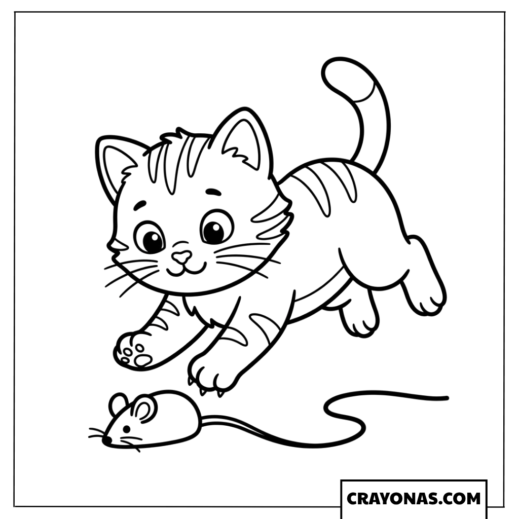 Cute Kitten Chasing Mouse Coloring Page