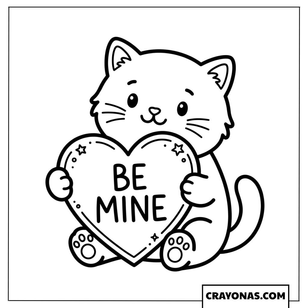Cute Kitten Holding Heart Coloring Page