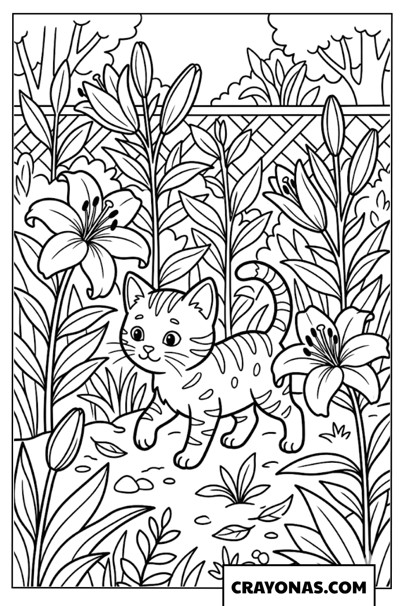 Cute Kitten in Garden Coloring Page